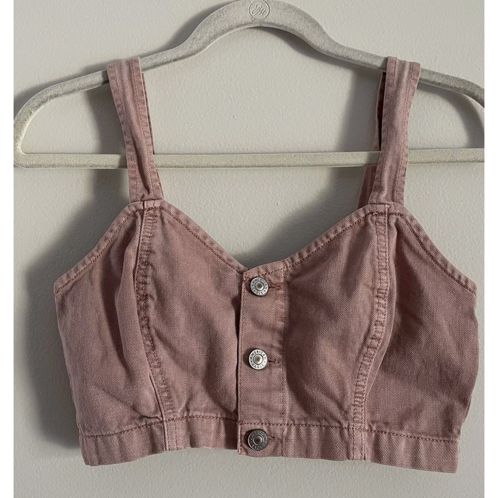 American Eagle Button Front Denim Crop Top Pink Bralette‎ Tank Size 00 Festival